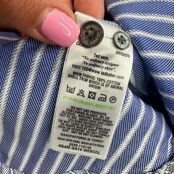 Ted Baker Archive Shirt Mens Size 16 Blue Striped Preppy Long Sleeve Herringbone - Picture 8 of 15